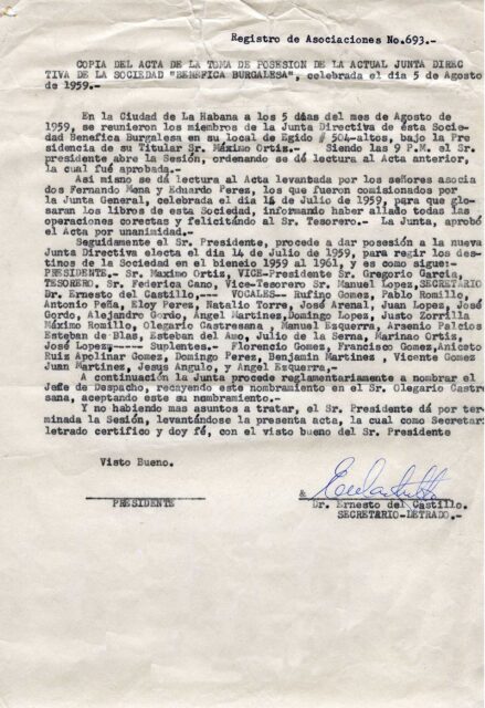 Acta de la Sociedad Benéfica Burgalesa de Cuba, 1959.