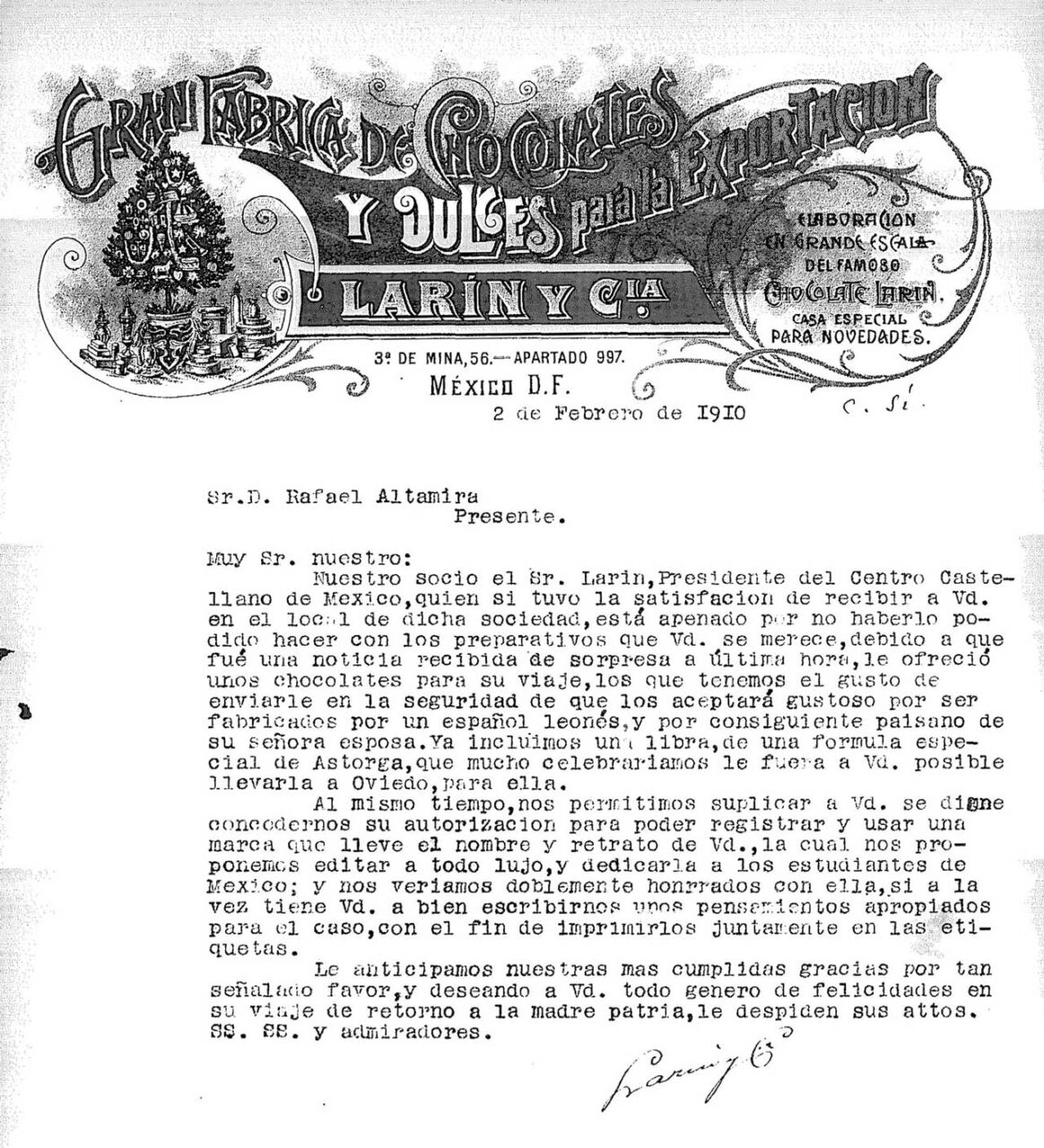 Carta dirigida en nombre del presidente del Centro Castellano de México, México D. F. (México), 1910