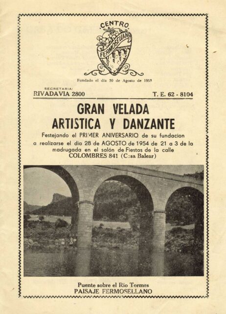 Anuncio de la Gran Velada Artística y Danzante organizada por el Centro Fermosellano para festejar su primer aniversario, Buenos Aires (Argentina), 1954