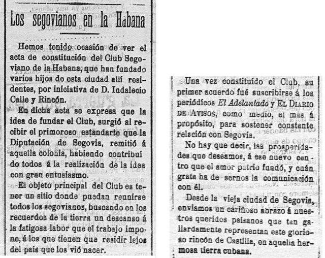 Noticia aparecida en la prensa segoviana sobre el nacimiento del Club Segoviano de La Habana (Cuba)