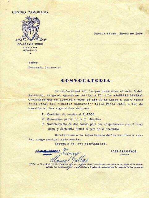 Convocatoria del Centro Zamorano de Buenos Aires, 1956.