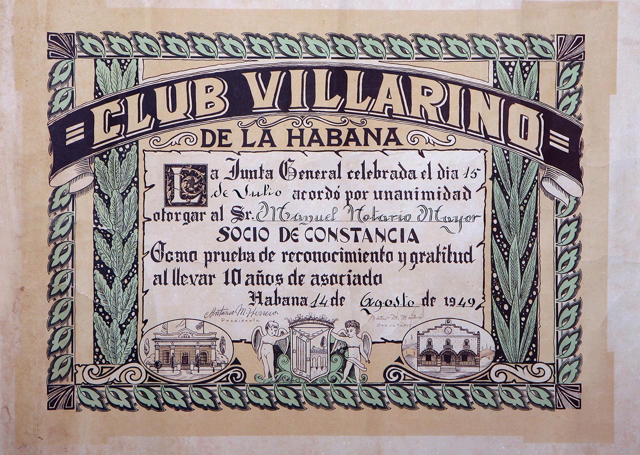Diploma del Club Villarino de La Habana, 1947