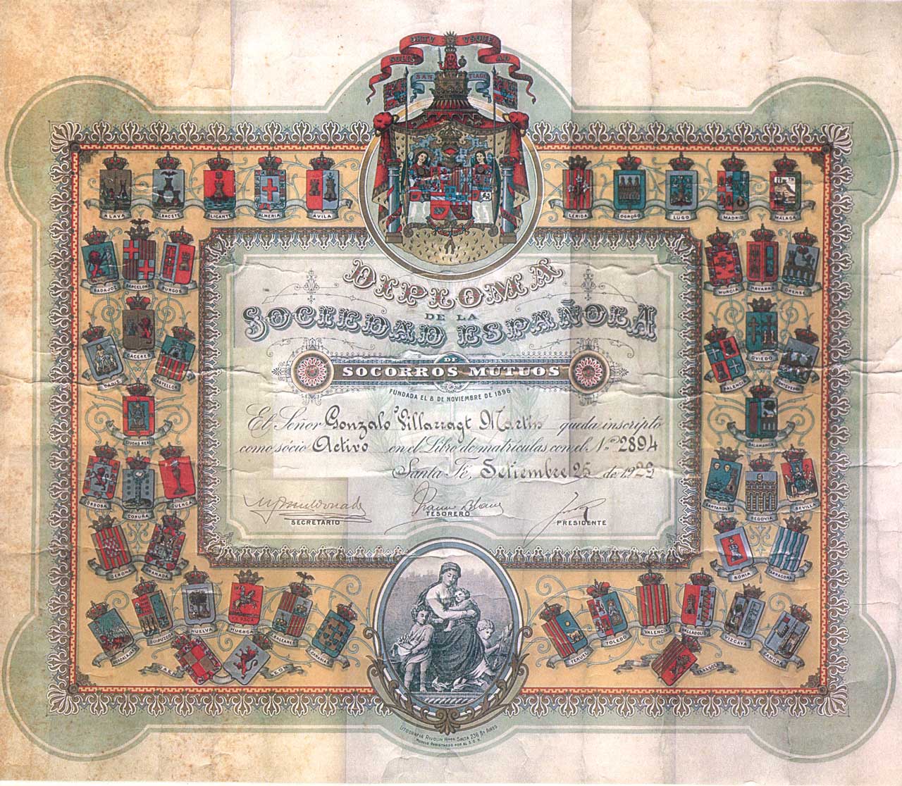 Diploma de la Sociedad Española de Socorros Mutuos de Santa Fe, entidad fundada en 1896, Santa Fe (Argentina), 1929