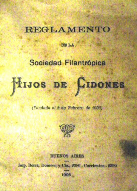 Estatutos de la Sociedad Filantrópica Hijos de Cidones de Buenos Aires, 1906.