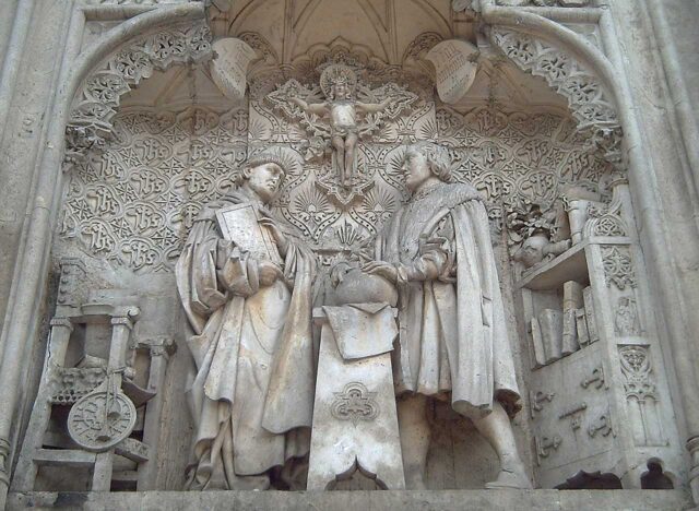 Fray Diego de Deza y Cristóbal Colón. Monumento a Colón, Madrid. Foto Luis García.