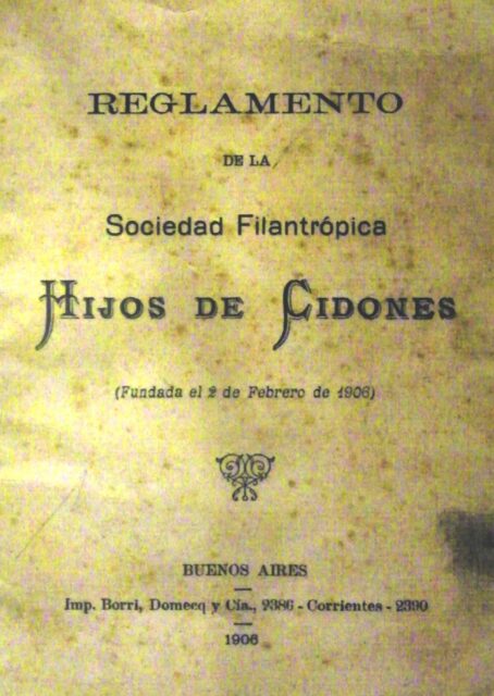 Portada del Reglamento de la Sociedad Filantrópica Hijos de Cidones de Buenos Aires (Argentina), 1906. Archivo La Posada del Indiano. Cidones (Soria)