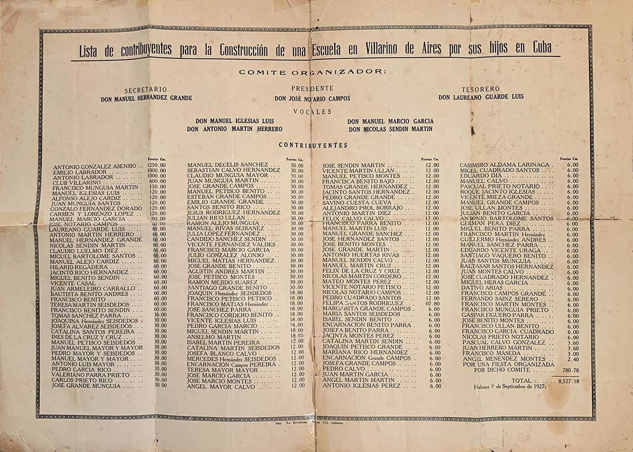 Lista de Contribuyentes a las Escuelas de Villarino de Los Aires. Club Villarino de La Habana, 1927