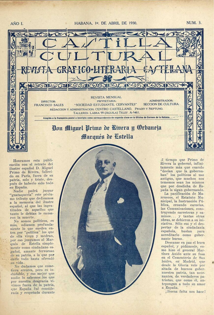 Portada de la revista Castilla Cultural, estrechamente vinculada al Centro Castellano de La Habana y al Plantel Cervantes, La Habana (Cuba), abril de 1930