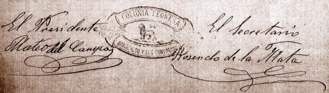 Sello y firmas de un documento de la Colonia Leonesa de Baracaldo, año 1920. Archivo Histórico Provincial de León