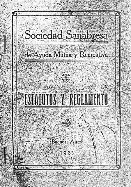 Portada de los Estatutos de la Sociedad Sanabresa de Ayuda Mutua y Recreativa, Buenos Aires (Argentina), 1923