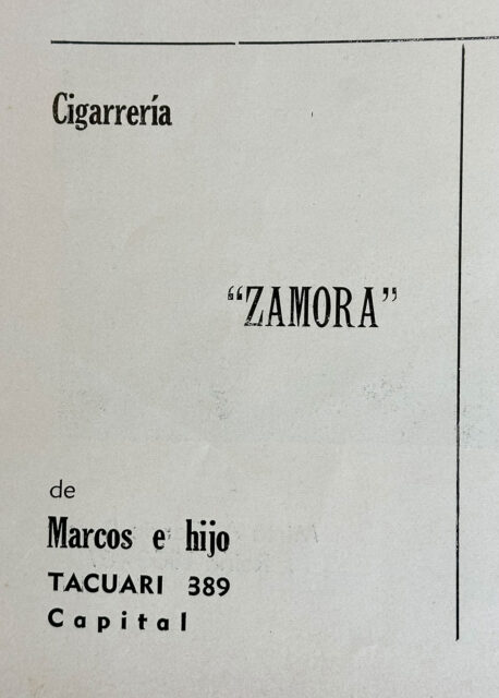 Anuncio cigarrería Zamora de Buenos Aires. Revista del Centro Zamorano de Buenos Aires, nº 1, 1966.