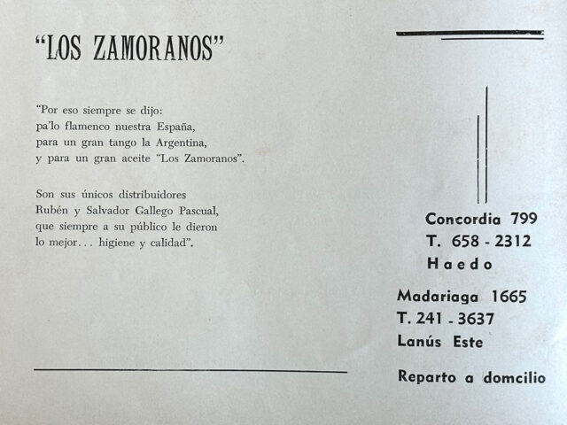 Anuncio de aceite Los Zamoranos, Buenos Aires. Revista del Centro Zamorano de Buenos Aires, nº 1, 1966.