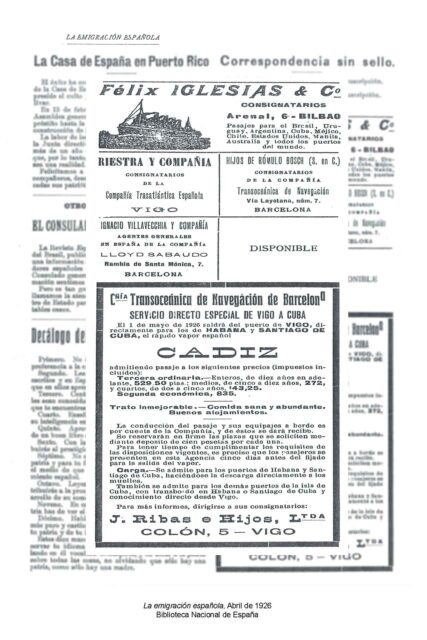Anuncios en la publicación La emigración española, Abril de 1926. Biblioteca Nacional de España