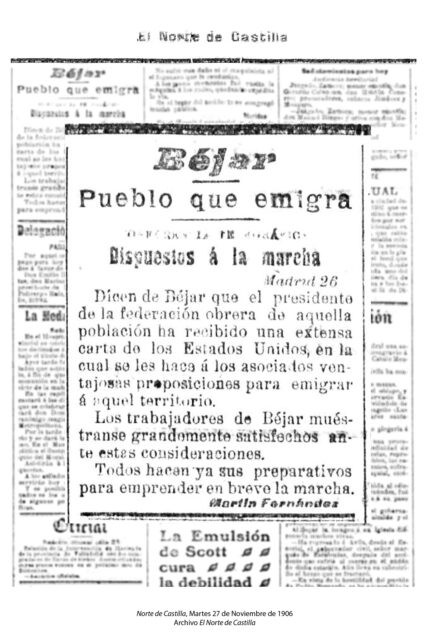 Béjar. Pueblo que emigra. Norte de Castilla, martes 27 de noviembre de 1906. Archivo El Norte de Castilla.