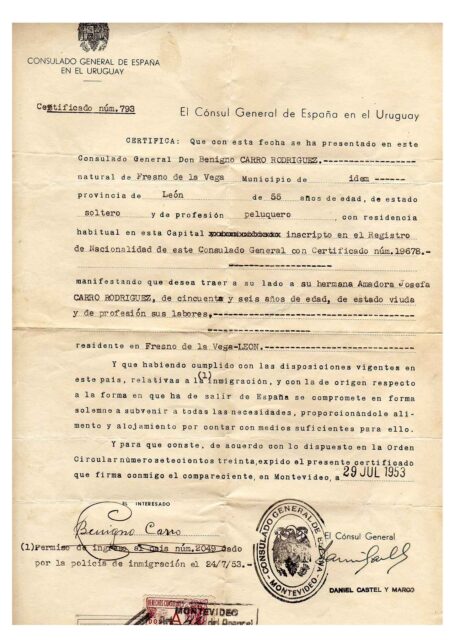 6_Certificado consular de reclamo familiar, Montevideo (Uruguay), 1953. Archivo de la UNED de Zamora.
