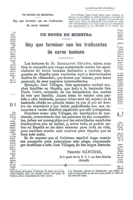 Denuncia hacia los enganchadores, La Emigración Española, octubre de 1925
