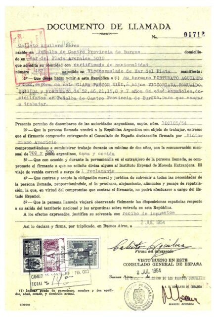 10_Documento de llamada de Calisto Aguilera Pérez. Buenos Aires (Argentina), 1954. Archivo de la UNED de Zamora.