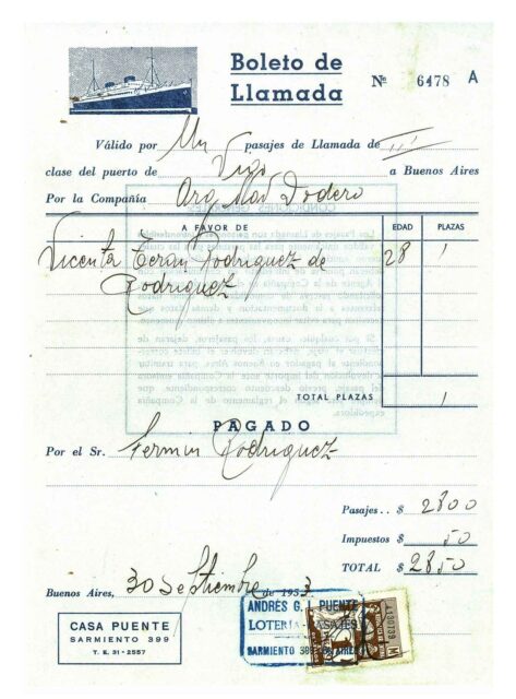 7_Boleto de llamada de Fermín Rodríguez. Buenos Aires (Argentina), 1953. Archivo de la UNED de Zamora