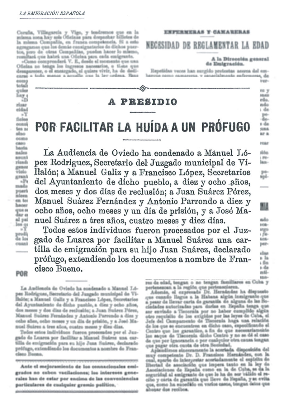 A presidio por facilitar la huida a un prófugo. La emigración española, abril de 1926. Biblioteca Nacional de España