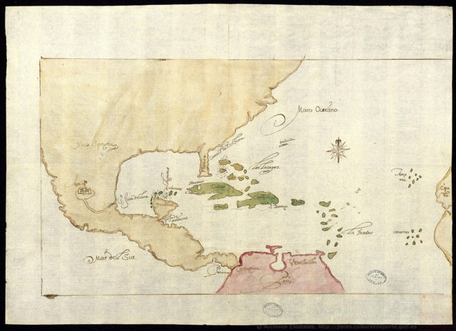 Centro de las Migraciones de Castilla y León - Mapa del Caribe y tierras desde México a España, h. 1596. Archivo General de Indias