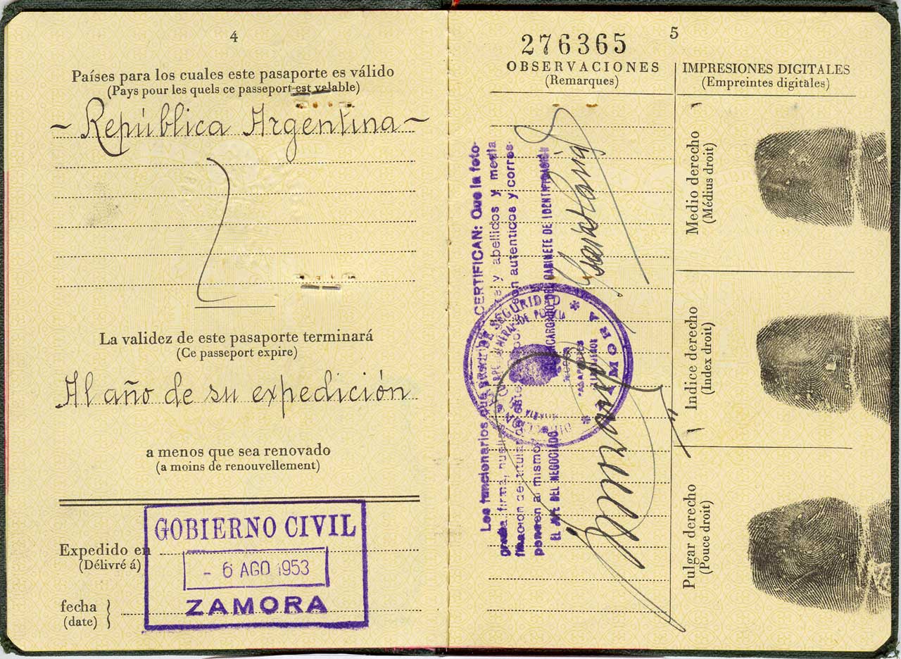 Imagen inédita del pasaporte de Rogelio Carrascal Rodríguez, emigrante a Casbas (Argentina) no incluida en la publicación de su relato autobiográfico (I Premio Memoria de la Emigración Castellana y Leonesa)